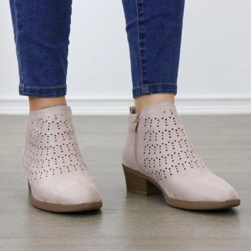 Mauve Suede Ankle Boots Laser Cut Design - Picture 3 of 6